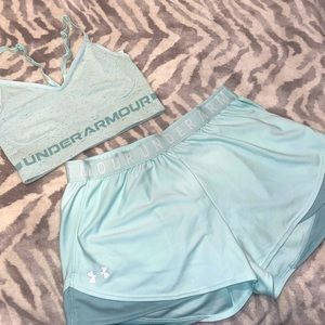 Under Amour Sports Bra & matching Shorts! Color Teal. Size Sm top Medium Shorts